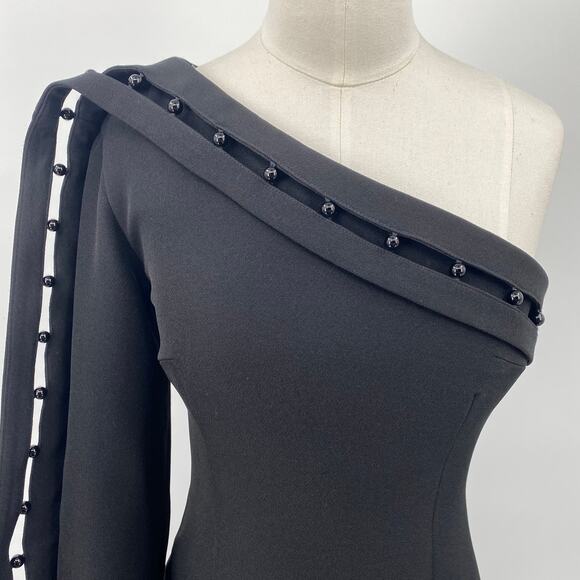 Keepsake the Label Mini Dress Beaded Trim One Shoulder Long Sleeve Black Small - Picture 4 of 10